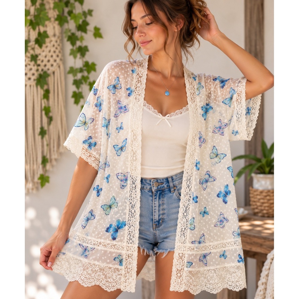 Candie's Y2K Butterfly Kimono Womens S Sheer Swiss Dot Lace Fairycore Boho